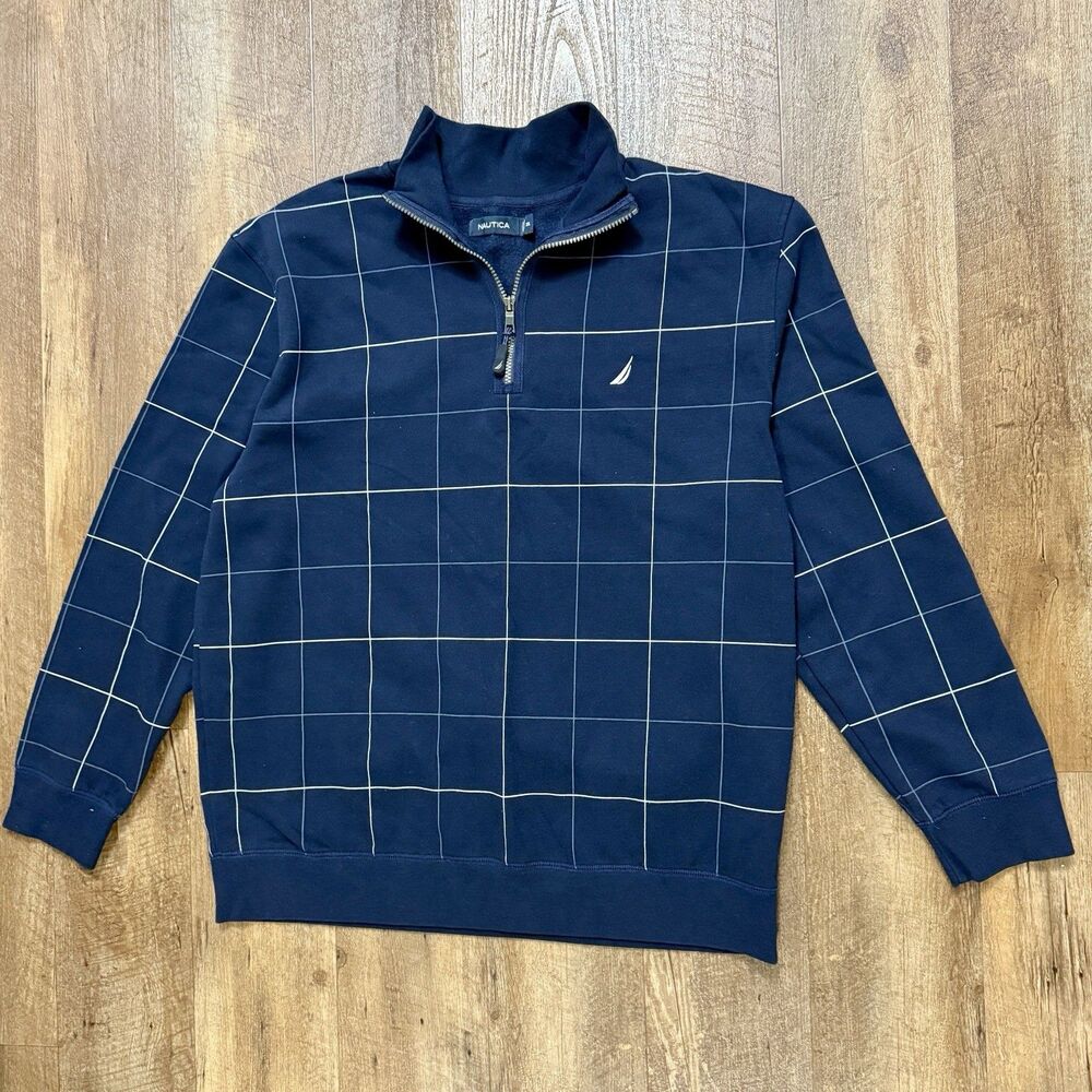 Nautica Quarter Zip Pullover Navy White Plaid Men’s Size 2XL XXL